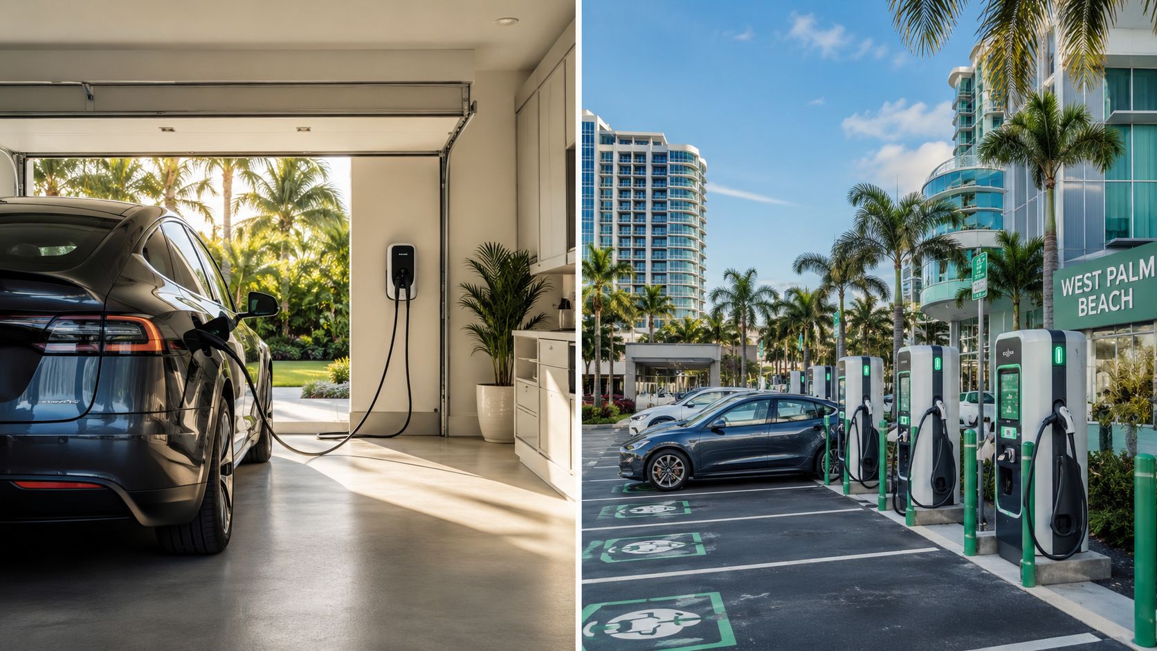 A split image showing home electric vehicle charging in a garage and a public EV station in West Palm Beach.