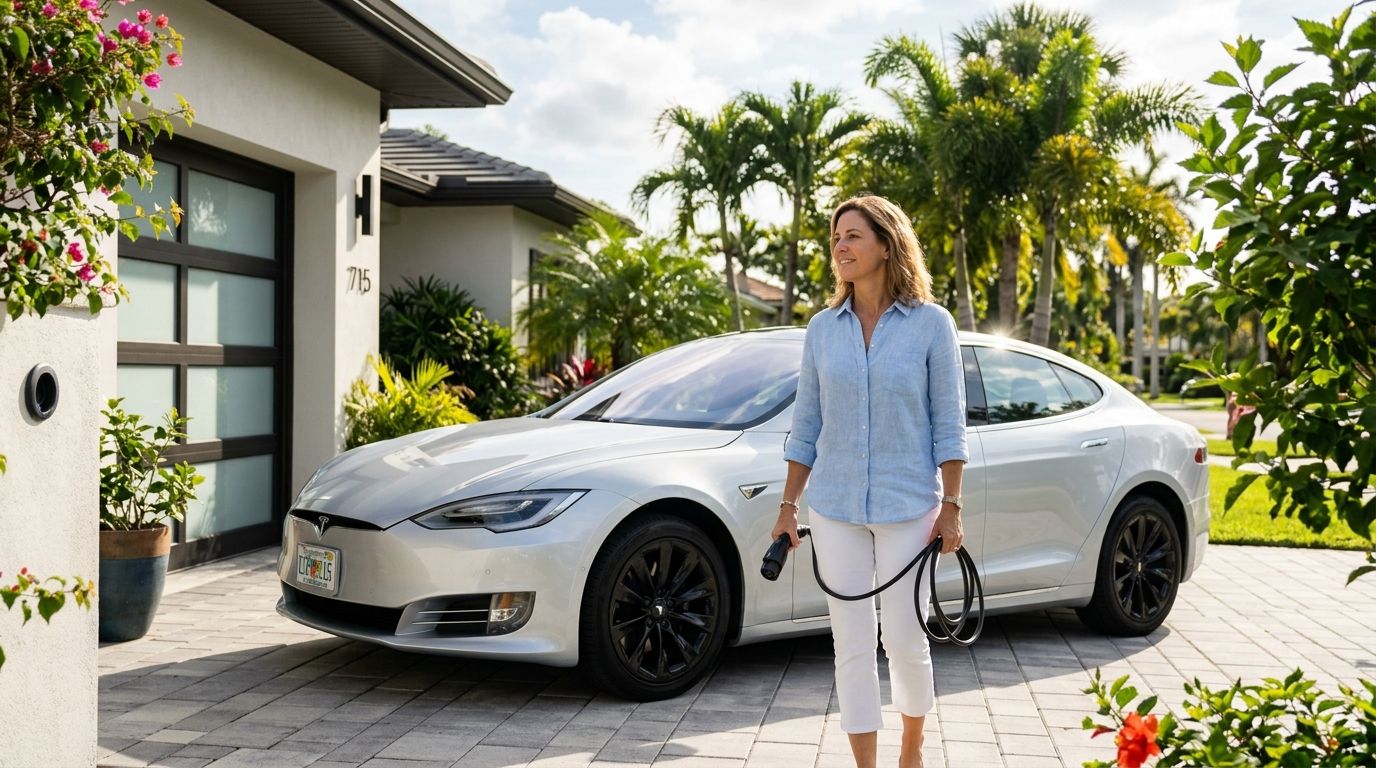 A woman holding an electric vehicle charging cable while standing in front of her silver Tesla car.