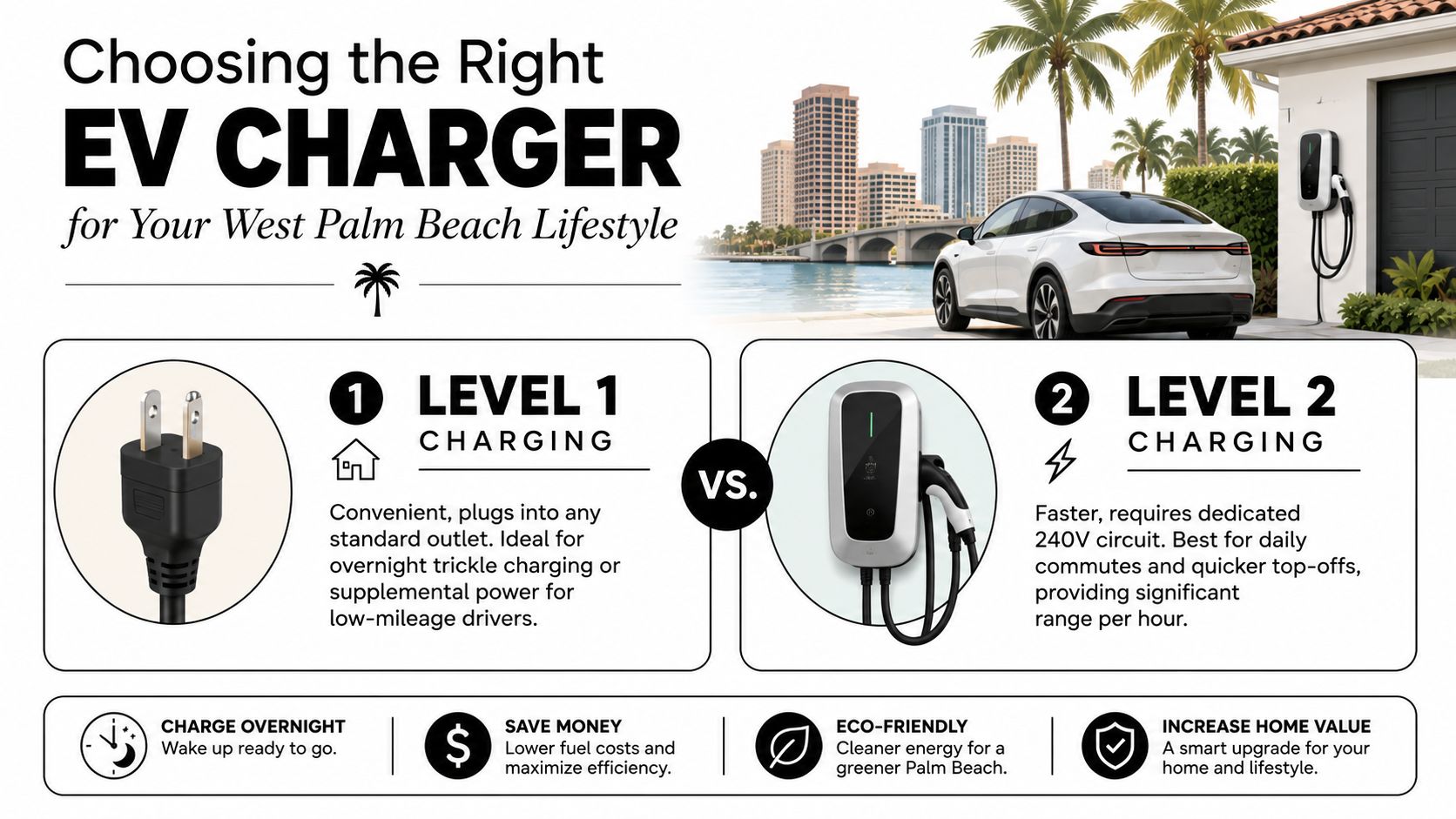 A comparison chart showing the differences between Level 1 and Level 2 electric vehicle home chargers.