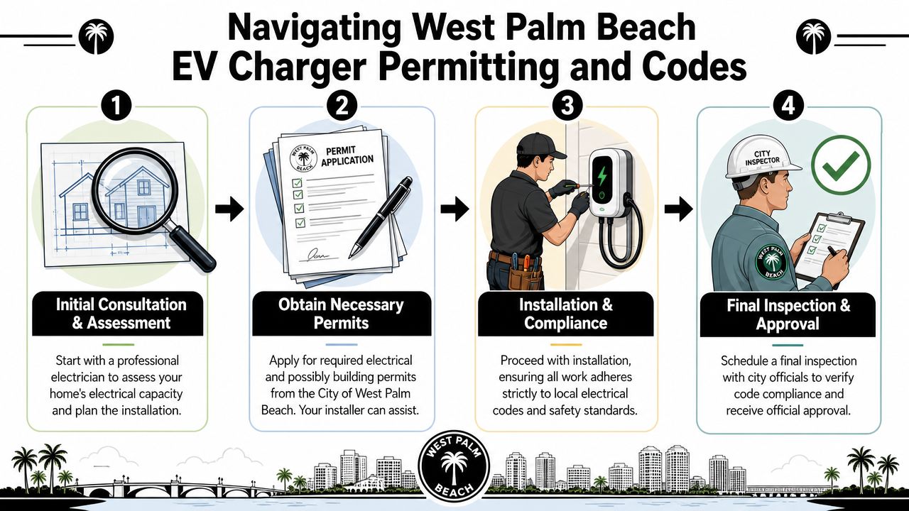 A four-step infographic showing the process for installing an EV charger in West Palm Beach, Florida.