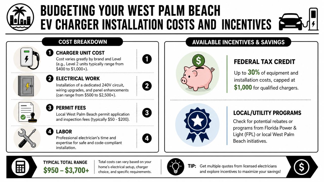 An infographic detailing the costs and financial incentives for installing an EV charging station in West Palm Beach.