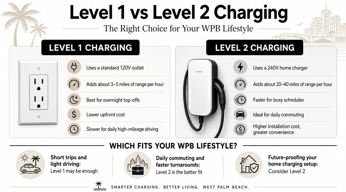 ev outlet installation in west palm beach fl charging comparison EV Outlet Installation in West Palm Beach FL: Expert Service That's where a proper plan matters. EV outlet installation in West Palm Beach FL isn't just about adding a receptacle to the wall. It starts with choosing the right charging level, checking whether your panel can support it, pulling permits, and making sure the installation will pass inspection and hold up for daily use. For condo boards, property managers, and HOAs, the job gets more complicated because metering, shared parking, and electrical capacity affect everyone, not just one driver. A comparison infographic between Level 1 and Level 2 electric vehicle home charging options.