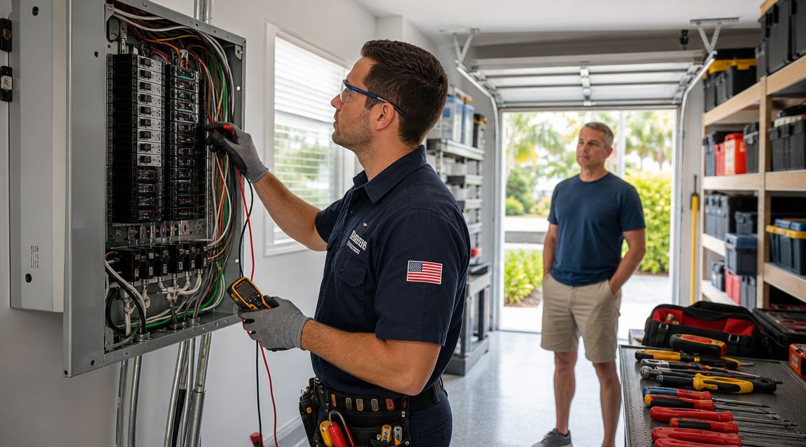 A professional electrician in work attire performing a maintenance check on a residential electrical service panel.