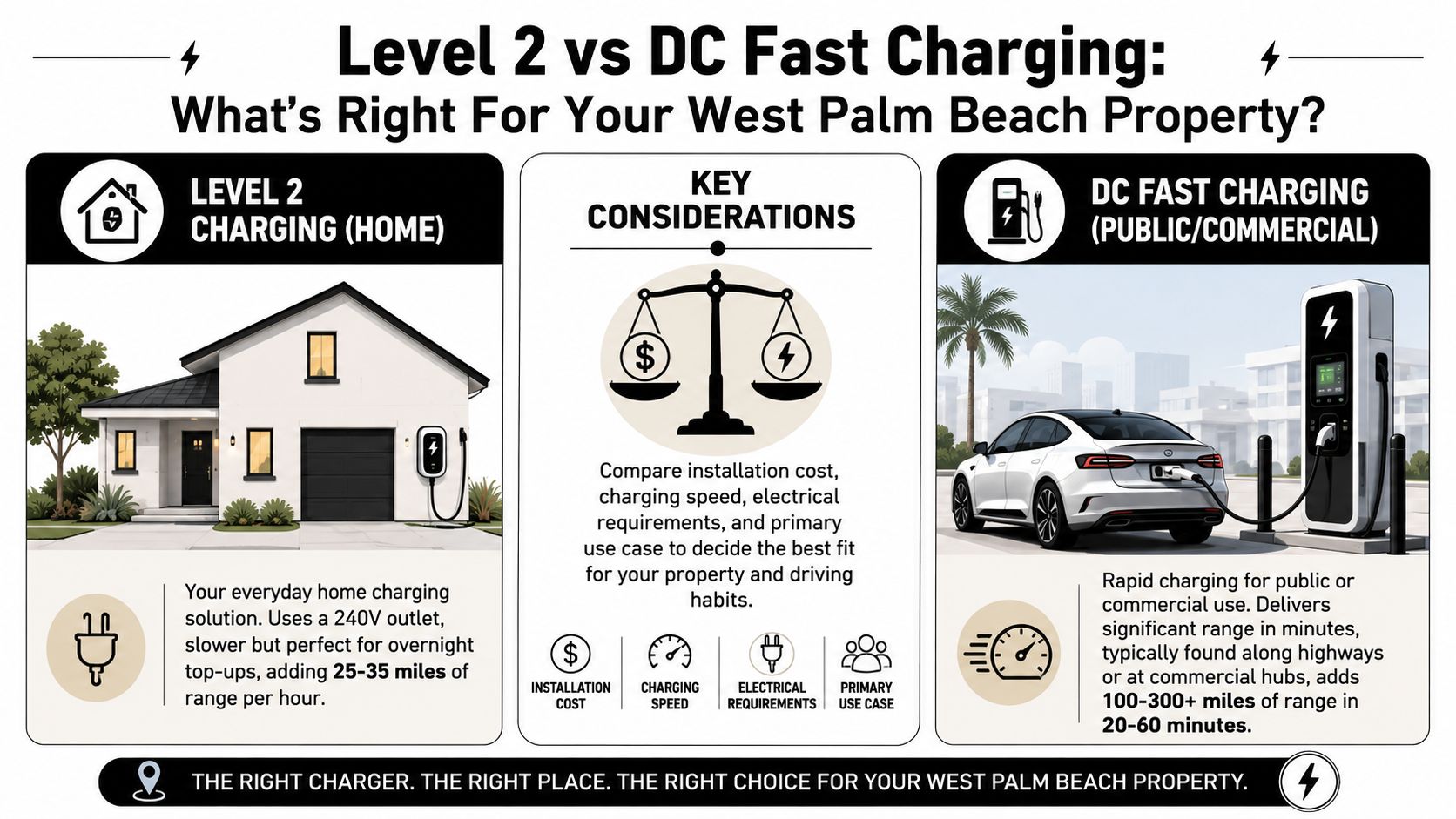 A comparison infographic between Level 2 home EV chargers and commercial DC fast charging stations.