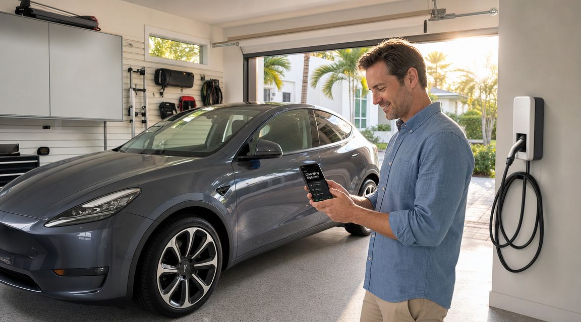 A man smiling at his smartphone while standing next to his grey Tesla inside a home garage.