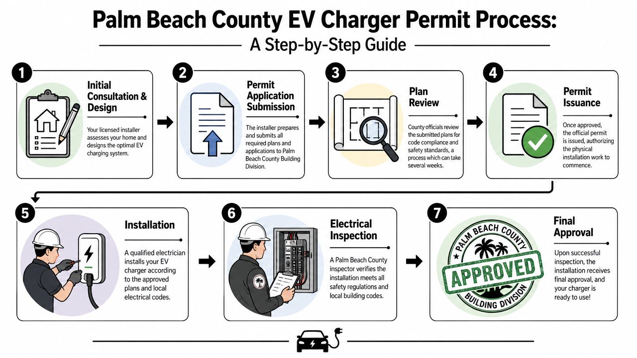 A seven-step flowchart explaining the official EV charger permit and installation process in Palm Beach County.