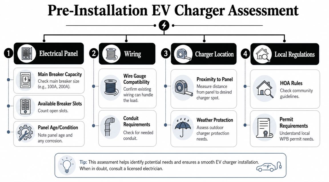 garage ev charger installation in west palm beach fl ev assessment Garage EV Charger Installation in West Palm Beach FL Guide For most garage EV charger installation in West Palm Beach FL, Level 2 is the standard setup. It uses a dedicated 240V circuit and typically connects through J1772 or NACS, depending on the vehicle and charger, as explained in this overview of Level 2 home charger requirements. An informative infographic outlining the four key steps for a pre-installation EV charger assessment at home.