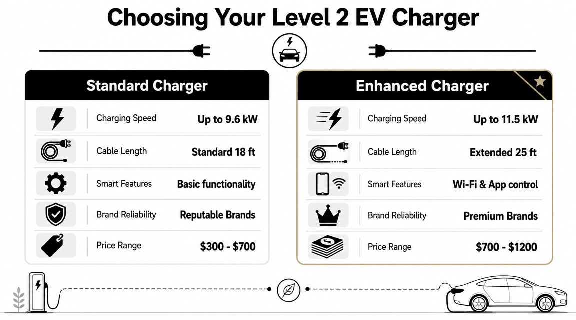garage ev charger installation in west palm beach fl ev charger comparison Garage EV Charger Installation in West Palm Beach FL Guide For most garage EV charger installation in West Palm Beach FL, Level 2 is the standard setup. It uses a dedicated 240V circuit and typically connects through J1772 or NACS, depending on the vehicle and charger, as explained in this overview of Level 2 home charger requirements. A comparison chart showing the differences between standard and enhanced Level 2 electric vehicle home chargers.