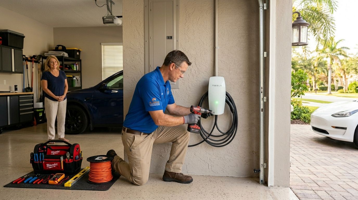 A professional licensed electrician installing a Tesla wall connector EV charger inside a residential garage.