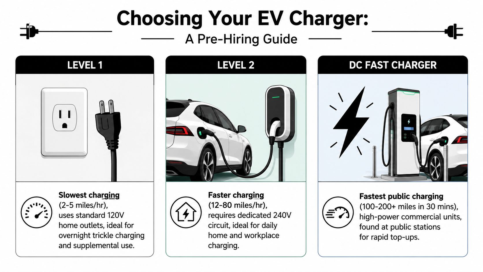 A comparison guide for EV charger levels including Level 1, Level 2, and DC Fast charging types.