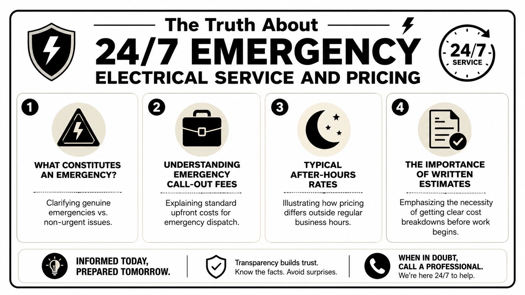 A professional infographic outlining the truth about 24/7 emergency electrical services, pricing, and the importance of estimates.