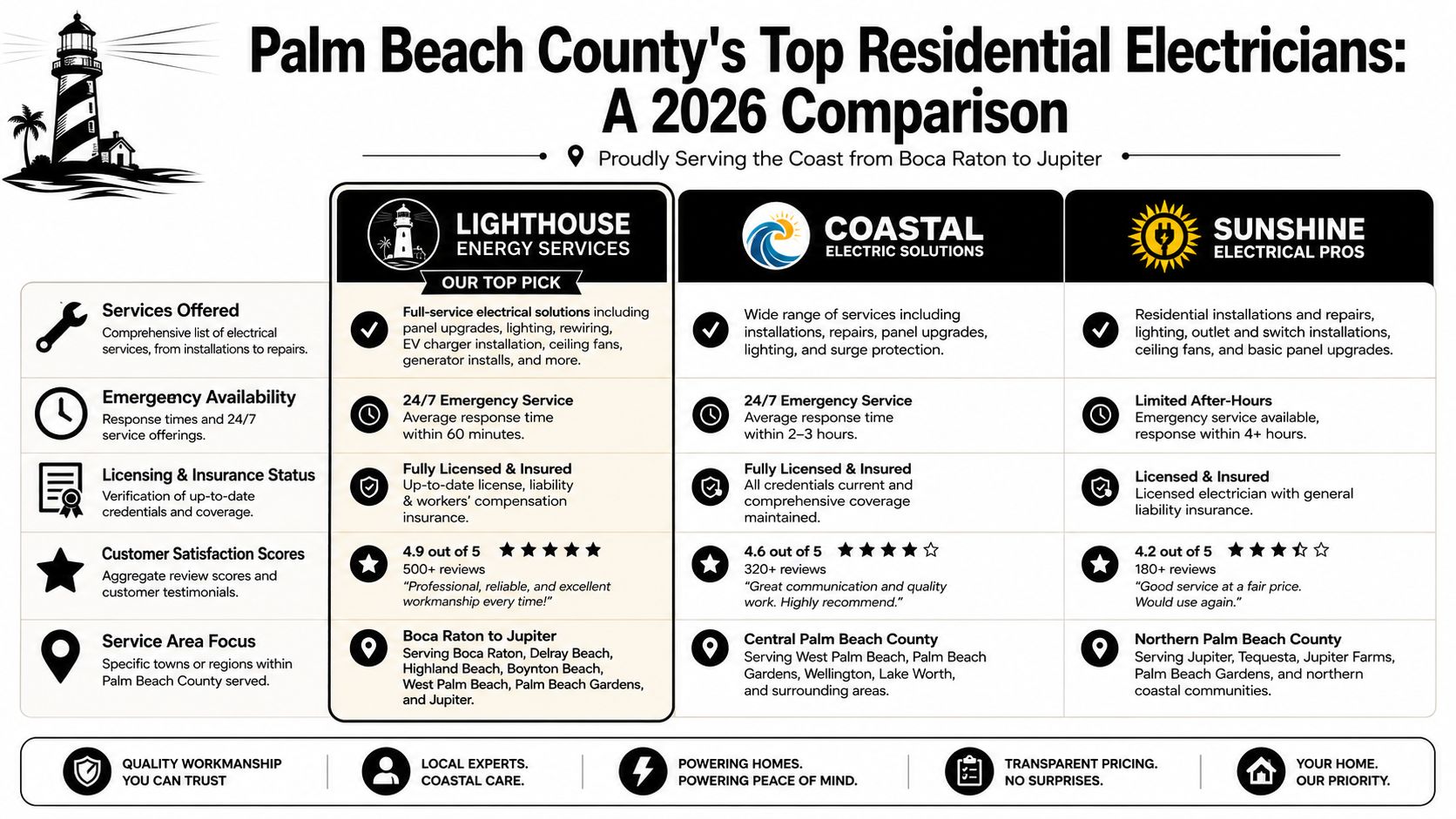 A comparison chart of top-rated residential electricians in Palm Beach County for the year 2026.