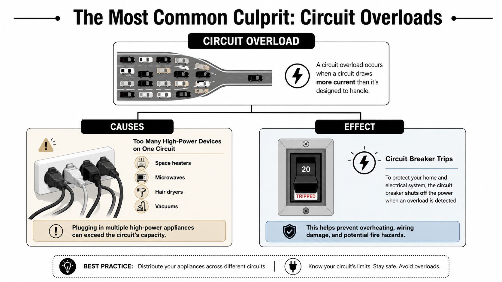 what causes circuit breaker to keep tripping circuit overload Discover What Causes Circuit Breaker to Keep Tripping Most of the time, the answer to what causes circuit breaker to keep tripping is simple. The circuit is overloaded. Overloaded circuits account for about 75% of residential breaker interruptions, according to NFPA findings and local Palm Beach County utility reporting. In Palm Beach County, overload-related trips rise by 35% in summer compared with winter, often when cooling loads and everyday appliances pile onto the same circuit. An infographic explaining how circuit overloads occur, common causes like high-power appliances, and the effect of tripped breakers.