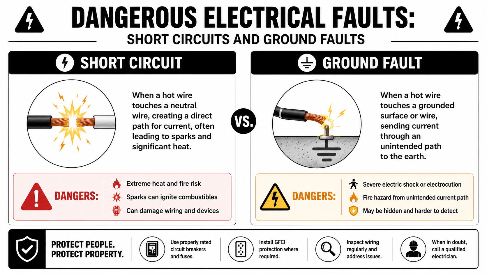 what causes circuit breaker to keep tripping electrical faults Discover What Causes Circuit Breaker to Keep Tripping Most of the time, the answer to what causes circuit breaker to keep tripping is simple. The circuit is overloaded. Overloaded circuits account for about 75% of residential breaker interruptions, according to NFPA findings and local Palm Beach County utility reporting. In Palm Beach County, overload-related trips rise by 35% in summer compared with winter, often when cooling loads and everyday appliances pile onto the same circuit. An infographic illustrating the difference between short circuits and ground faults and how to stay safe.