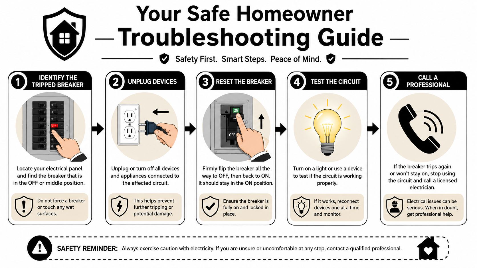 what causes circuit breaker to keep tripping troubleshooting guide Discover What Causes Circuit Breaker to Keep Tripping Most of the time, the answer to what causes circuit breaker to keep tripping is simple. The circuit is overloaded. Overloaded circuits account for about 75% of residential breaker interruptions, according to NFPA findings and local Palm Beach County utility reporting. In Palm Beach County, overload-related trips rise by 35% in summer compared with winter, often when cooling loads and everyday appliances pile onto the same circuit. An infographic titled Your Safe Homeowner Troubleshooting Guide explaining five steps to fix a tripped electrical breaker.