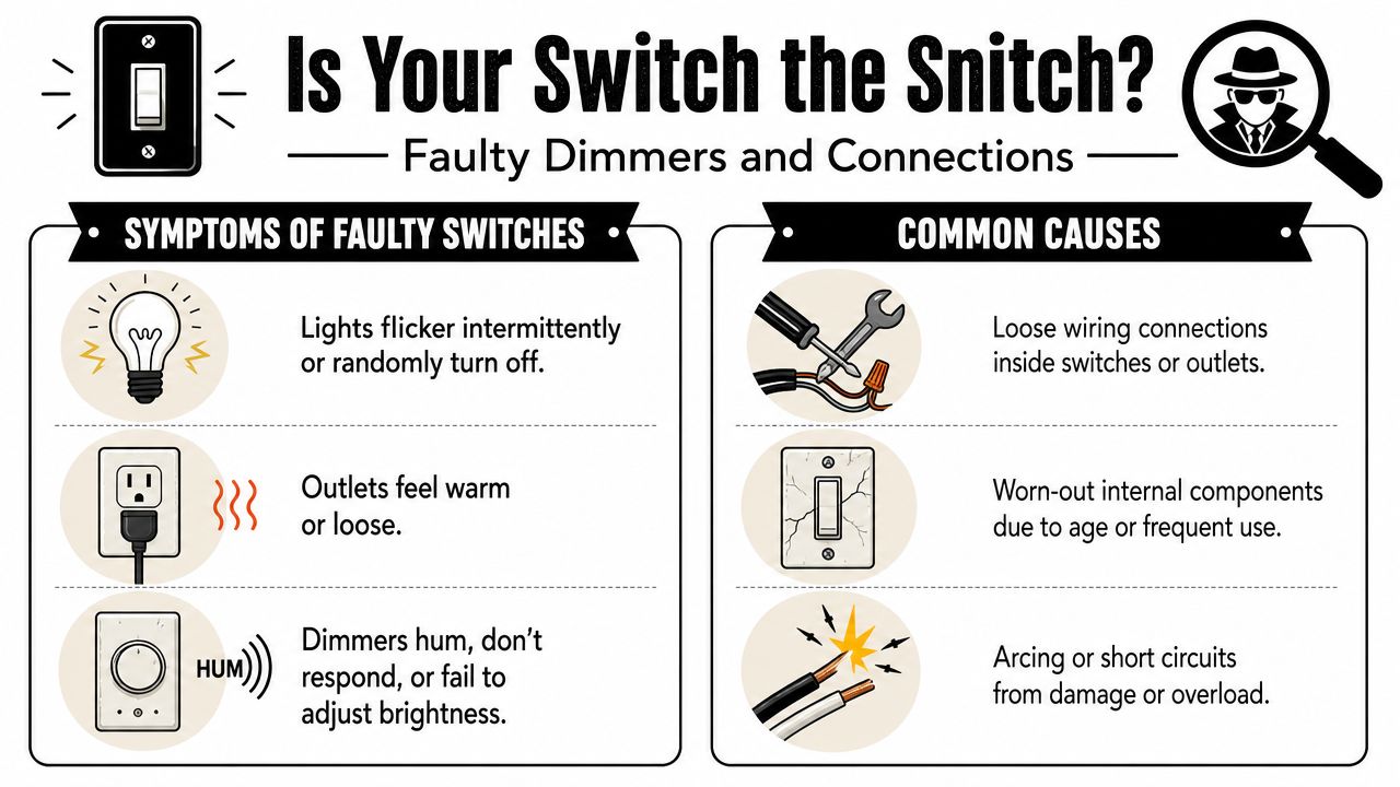 An infographic detailing the common symptoms of faulty electrical switches and the primary causes behind these issues.