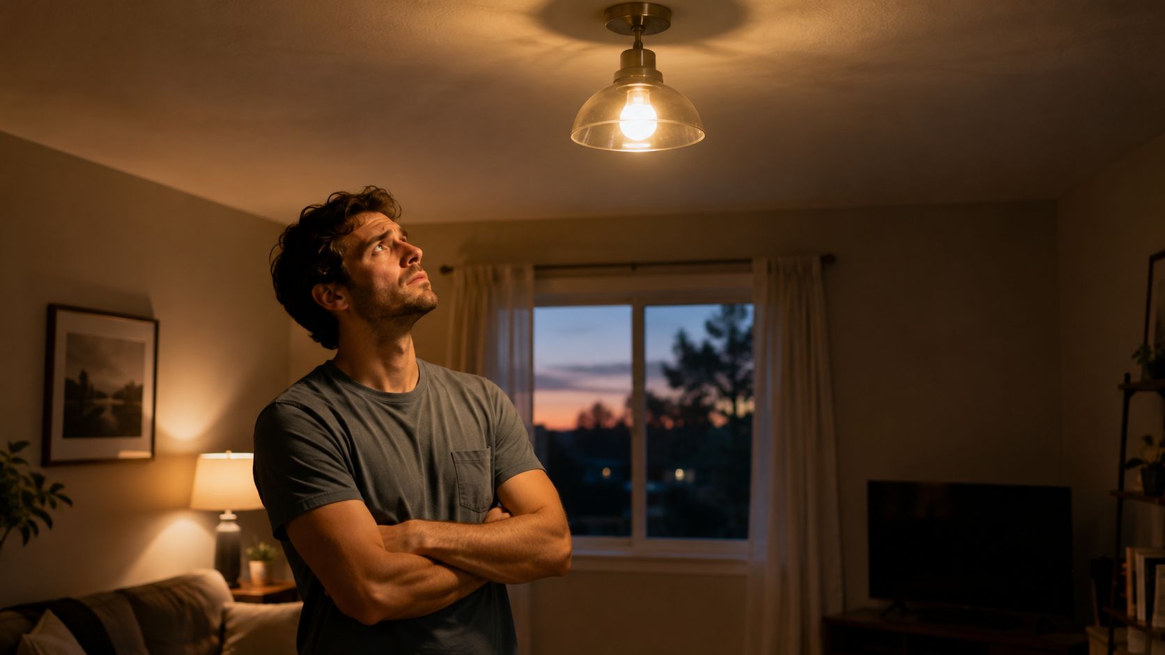 A concerned man stands in his living room looking up at a flickering light bulb on the ceiling.