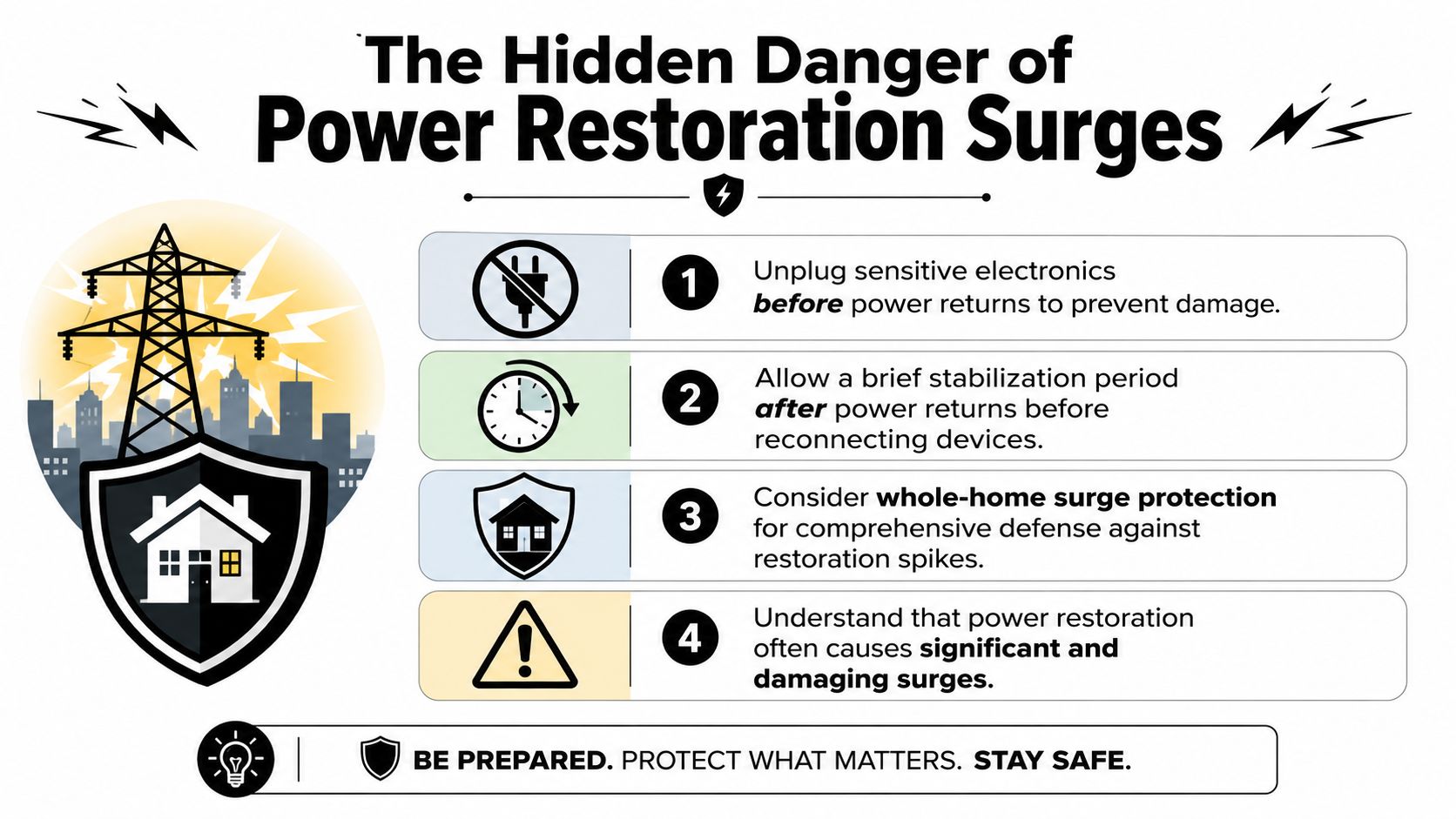 An infographic titled The Hidden Danger of Power Restoration Surges outlining four safety tips for homeowners.