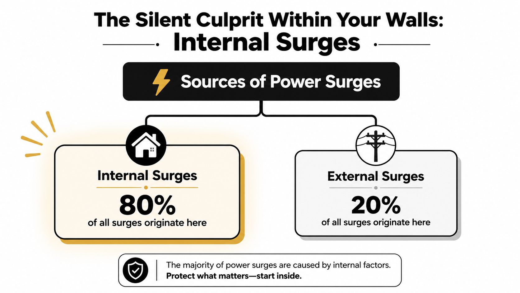 An infographic showing that 80 percent of power surges are caused by internal sources and 20 percent externally.