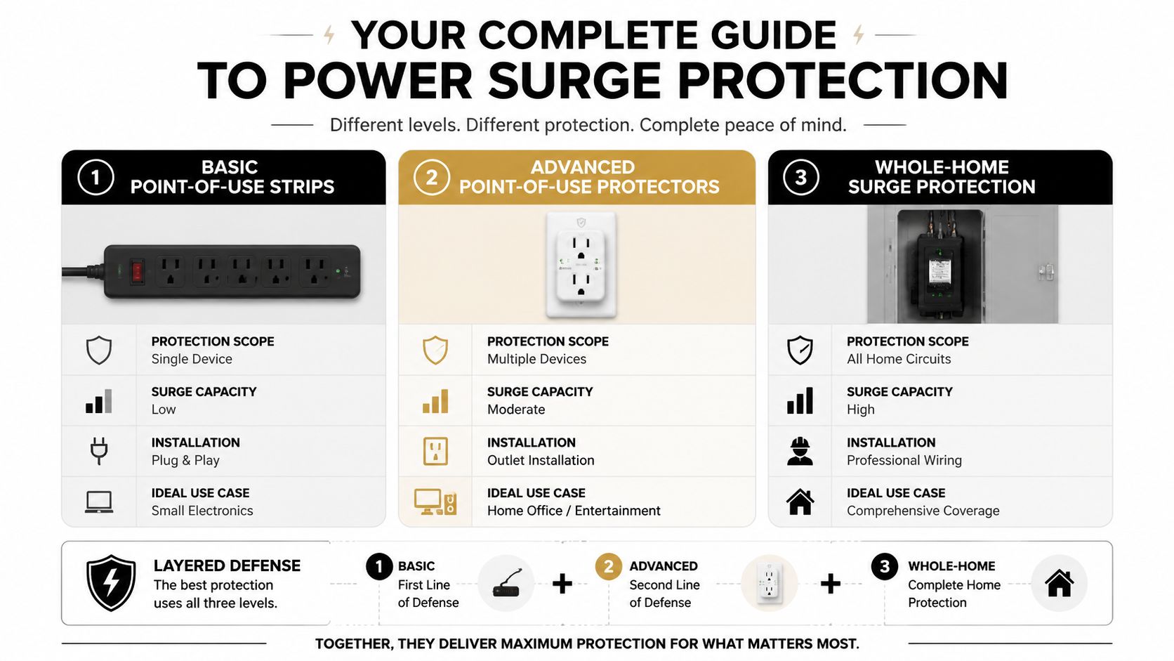 An infographic detailing three levels of surge protection for homes, including plug strips, outlet protectors, and electrical panels.