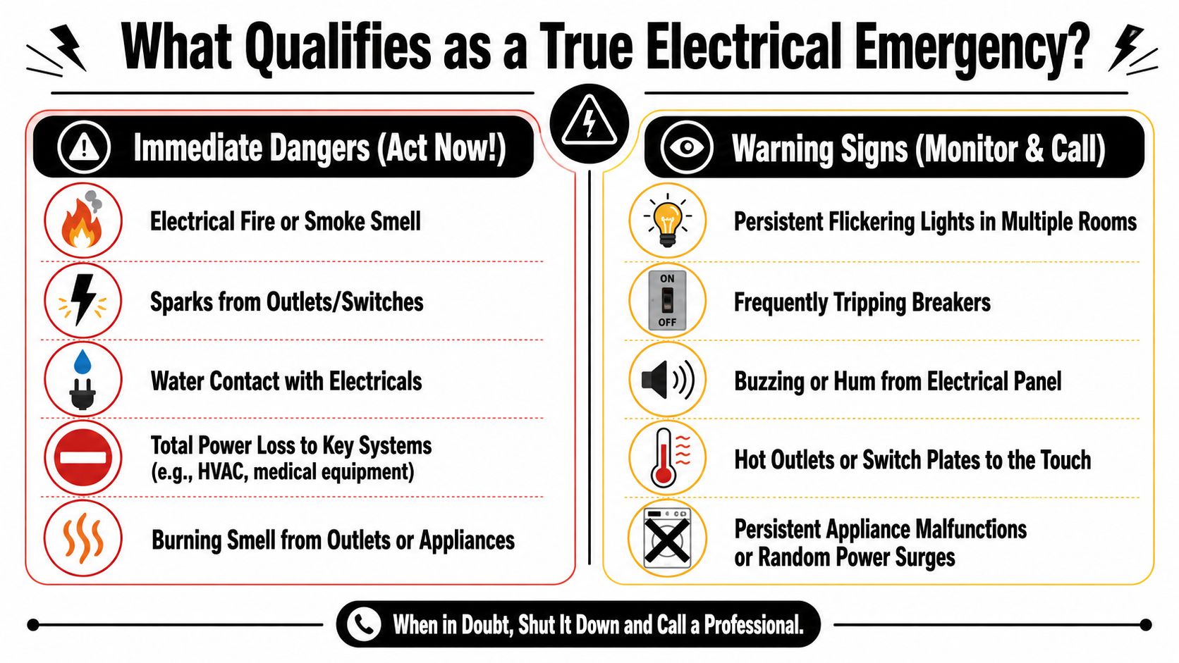 24 hour emergency electrician palm beach county electrical emergency 24 Hour Emergency Electrician Palm Beach County It's late, the house is dim, and something doesn't feel right. Maybe half the lights are out, the panel is buzzing, an outlet smells hot, or the air conditioner quit during a humid Palm Beach County night. In that moment, you don't need marketing language. You need a calm answer, a safe next step, and a clear way to tell whether this is your electrician's problem or your utility's. An infographic titled What Qualifies as a True Electrical Emergency listing immediate dangers and warning signs.