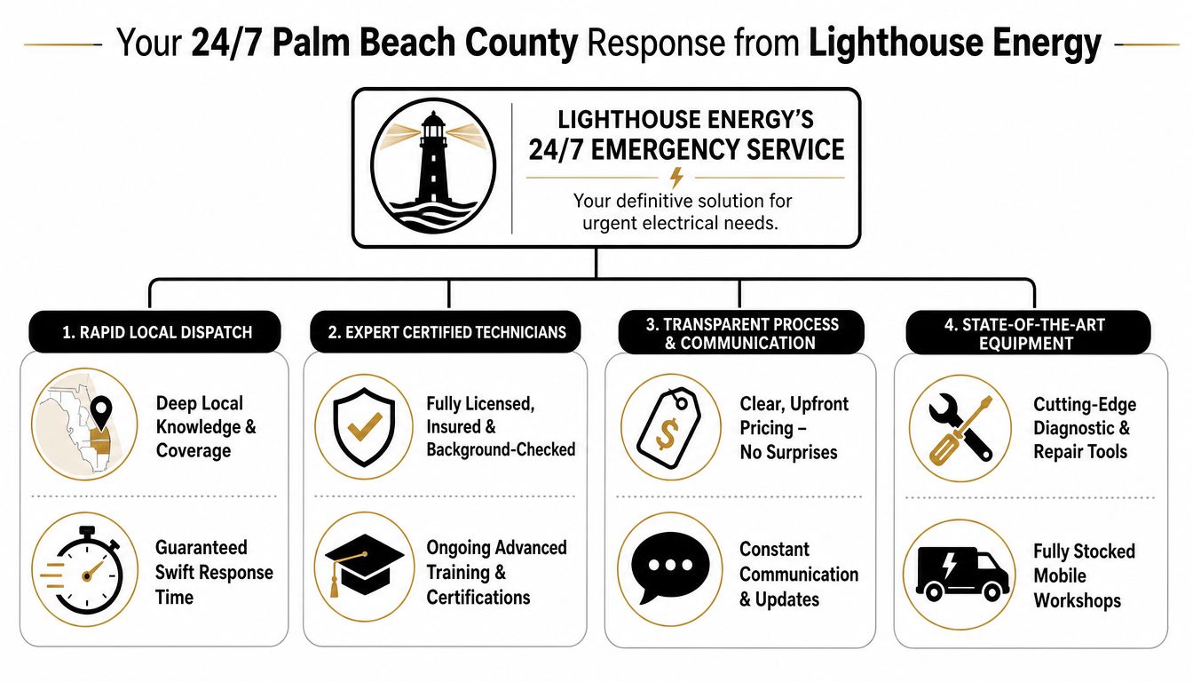 24 hour emergency electrician palm beach county electrical services 24 Hour Emergency Electrician Palm Beach County It's late, the house is dim, and something doesn't feel right. Maybe half the lights are out, the panel is buzzing, an outlet smells hot, or the air conditioner quit during a humid Palm Beach County night. In that moment, you don't need marketing language. You need a calm answer, a safe next step, and a clear way to tell whether this is your electrician's problem or your utility's. An infographic detailing Lighthouse Energy's 24/7 emergency electrical services provided to residents in Palm Beach County.