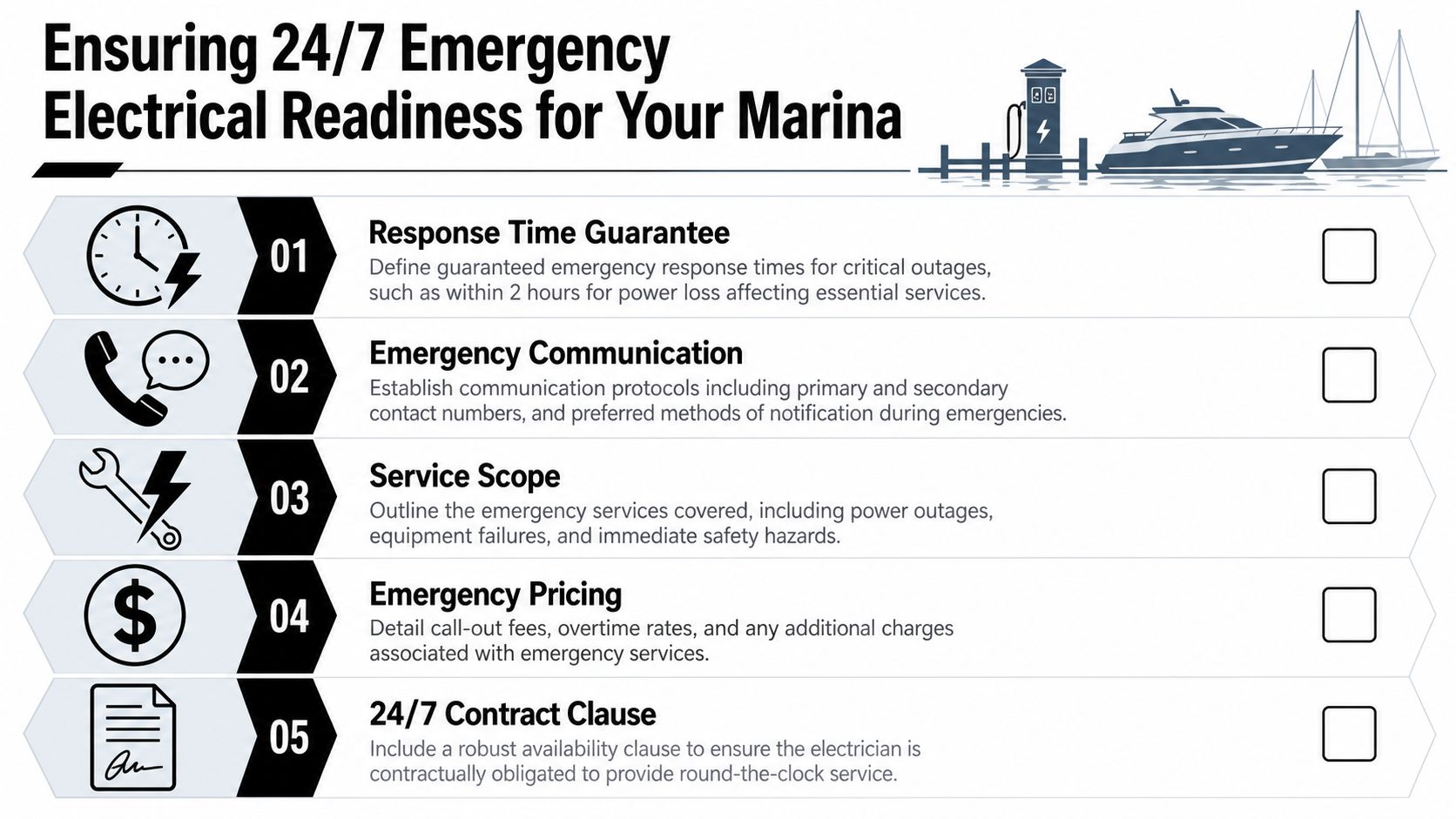 A checklist infographic outlining five key considerations for ensuring 24/7 emergency electrical readiness for marina facilities.