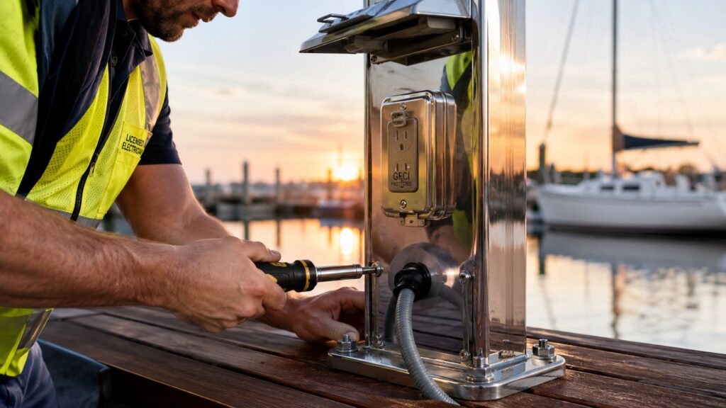 dock power pedestal installation electrician dock Dock Power Pedestal Installation: 2026 Expert Guide You've got the pedestal on site, the boat owner wants power back, and the dock still isn't ready. That's the moment a lot of jobs go sideways, because the shiny new enclosure is only the visible part of the system. If the feeder is undersized, the disconnect is missing, or the bonding path is incomplete, the install can look finished and still fail when the first load comes on. Dock power pedestal installation works best when the whole dock electrical system is treated as the project, not just the box bolted to the deck. dock power pedestal installation electrician dock Dock Power Pedestal Installation: 2026 Expert Guide You've got the pedestal on site, the boat owner wants power back, and the dock still isn't ready. That's the moment a lot of jobs go sideways, because the shiny new enclosure is only the visible part of the system. If the feeder is undersized, the disconnect is missing, or the bonding path is incomplete, the install can look finished and still fail when the first load comes on. Dock power pedestal installation works best when the whole dock electrical system is treated as the project, not just the box bolted to the deck.