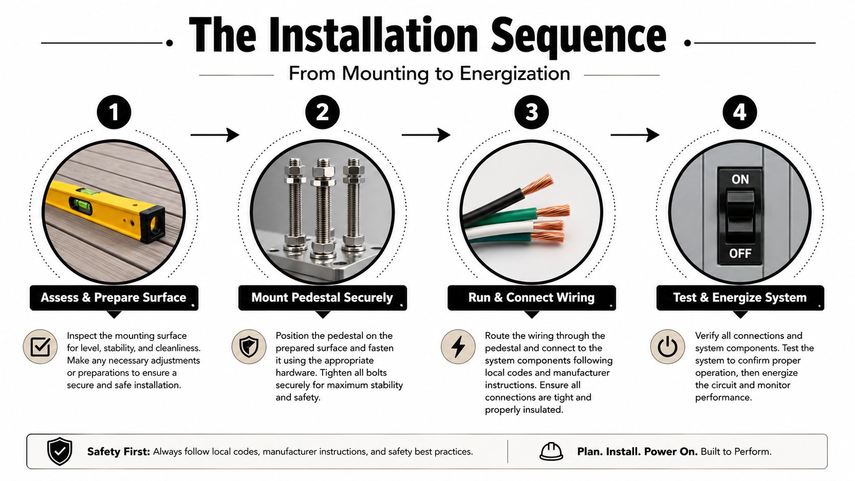 A four-step infographic illustrating the installation sequence for a power pedestal, from surface preparation to final energization.