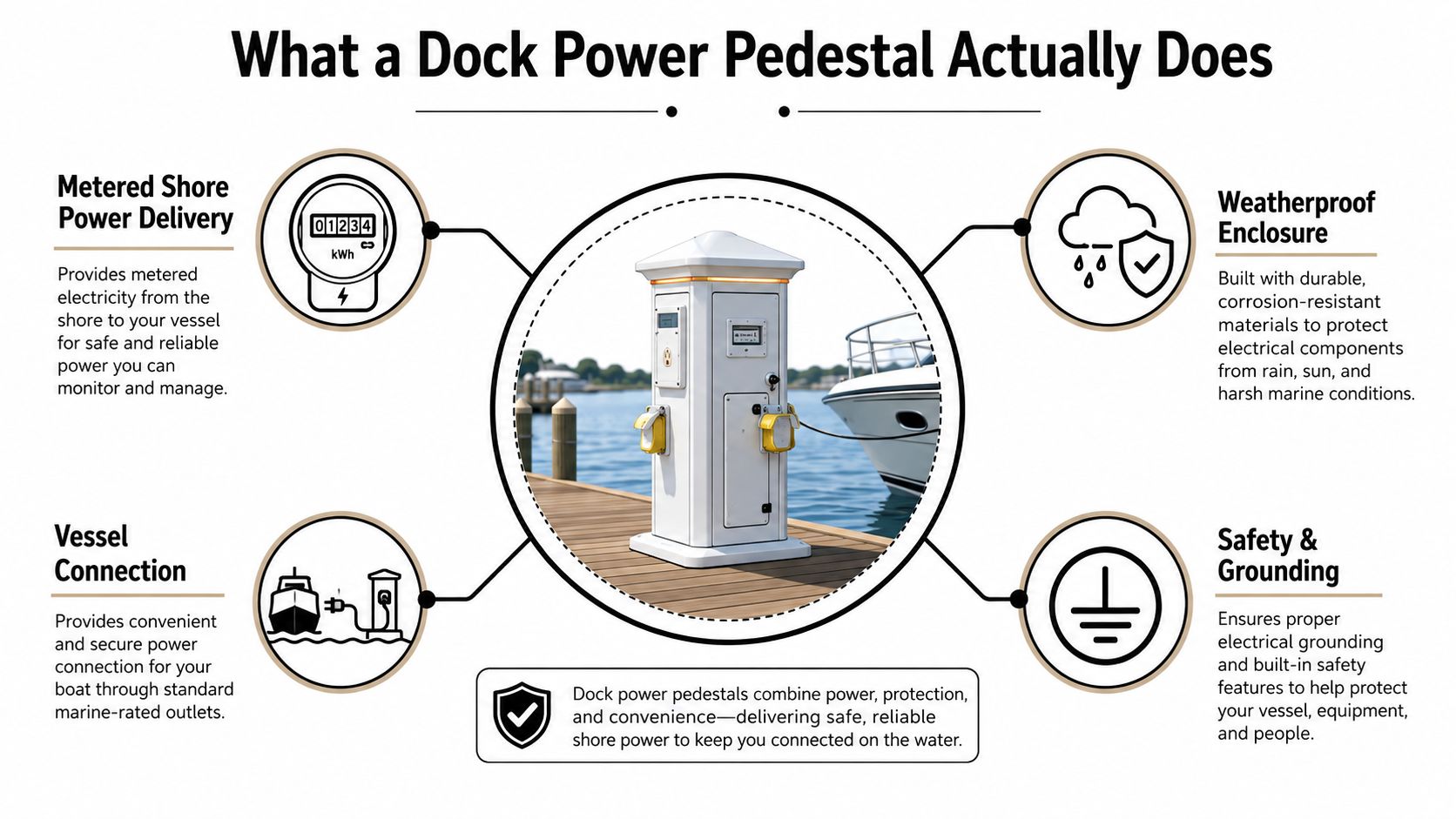 An infographic detailing the features and functions of a marine dock power pedestal used for boat shore power.