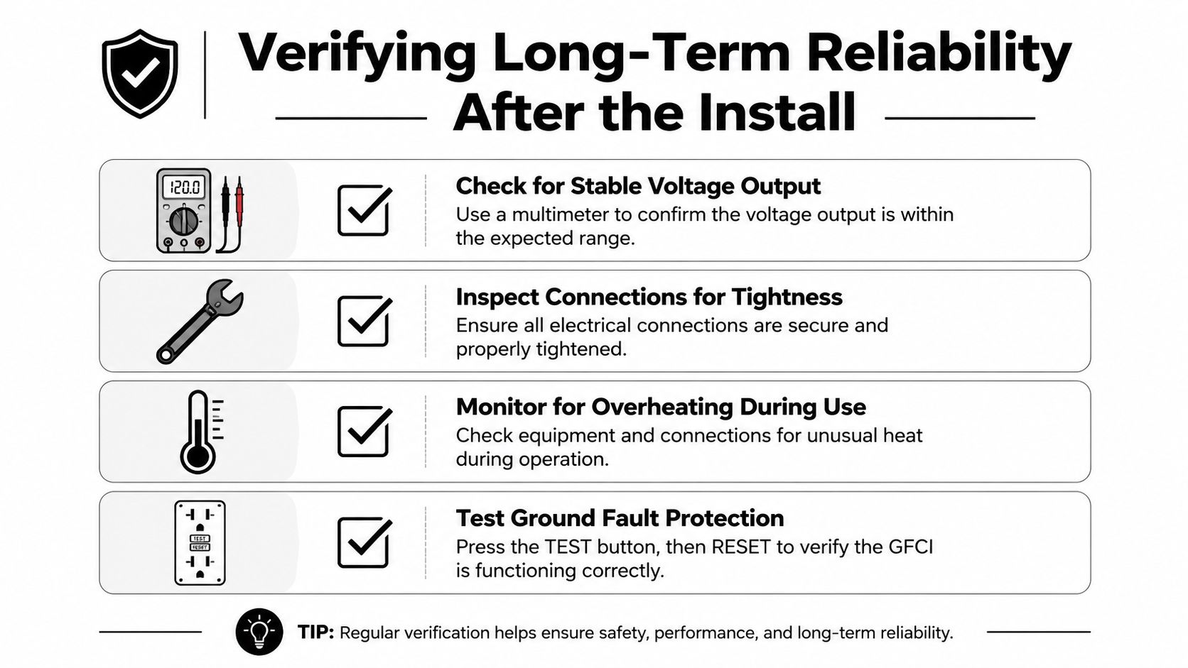 A checklist for ensuring long-term reliability after completing a dock power pedestal installation and electrical work.