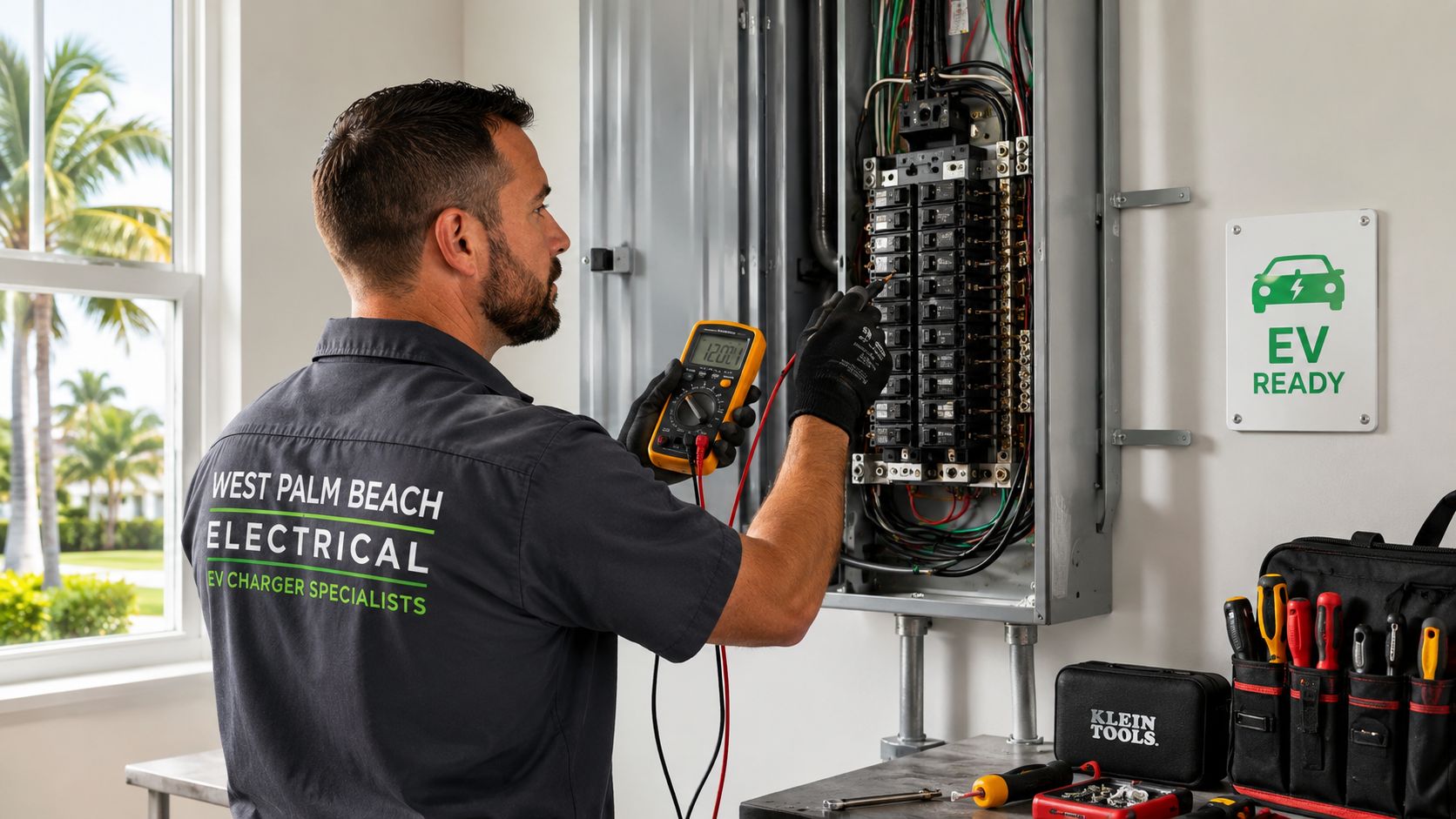 A professional electrician from West Palm Beach Electrical installs an EV charger in a residential panel.
