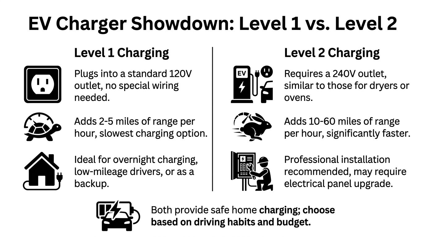 A comparison chart explaining the differences between Level 1 and Level 2 electric vehicle home chargers.