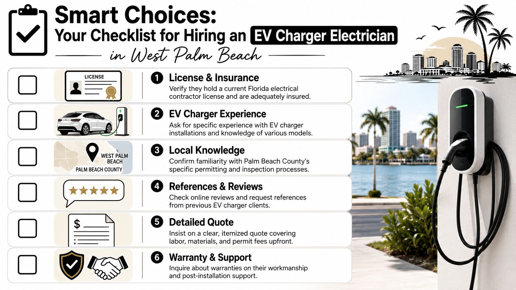 A checklist for hiring an EV charger electrician in West Palm Beach, Florida, showing six key requirements.