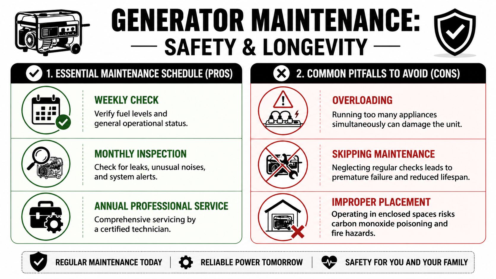 A helpful infographic outlining essential generator maintenance schedules and common safety pitfalls to avoid for home users.