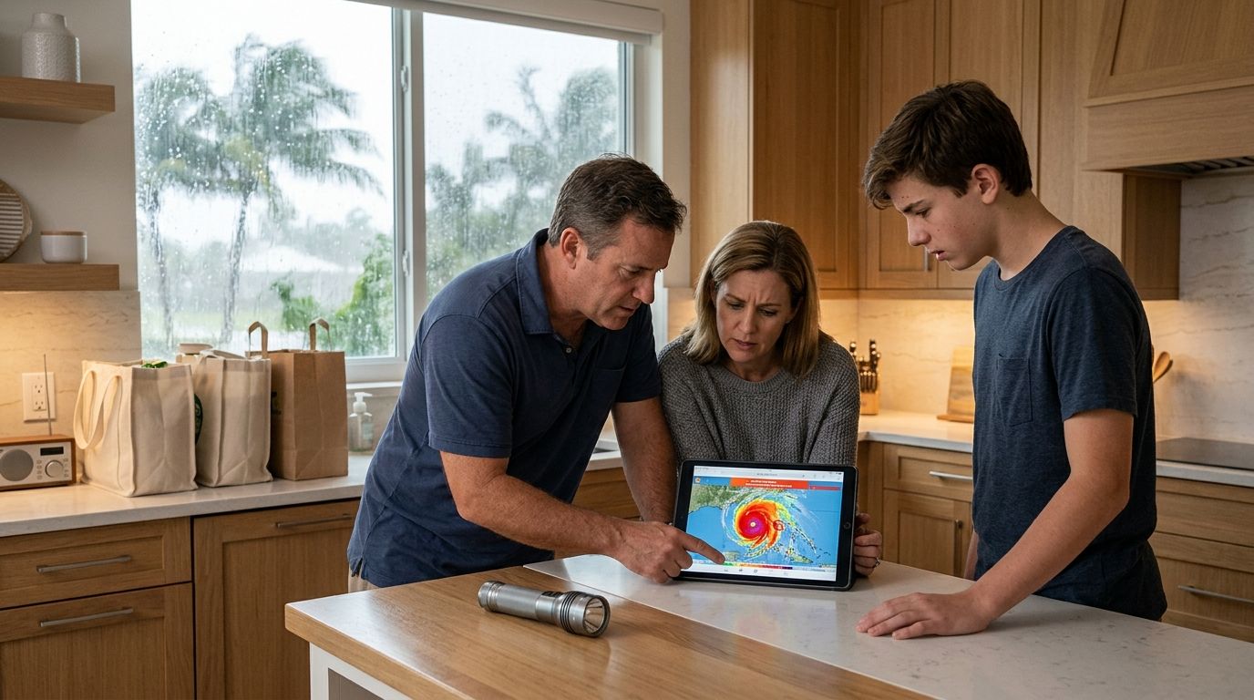 A family gathered in the kitchen looking at a weather map of a hurricane on a tablet.