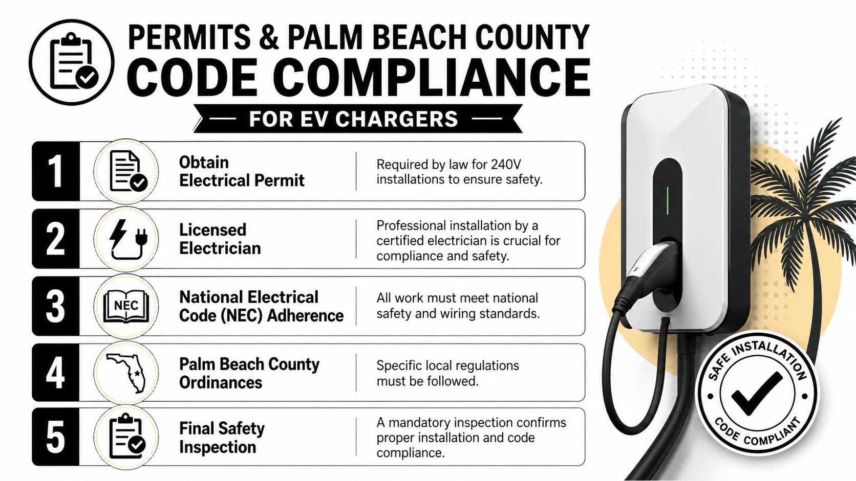 A checklist for legal EV charger installation compliance in Palm Beach County including required permits and inspections.