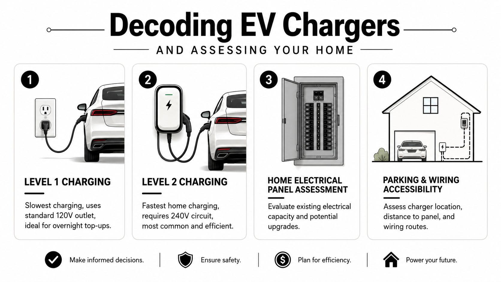An infographic showing four steps for installing an electric vehicle charger at home, including charging levels and electrical assessments.