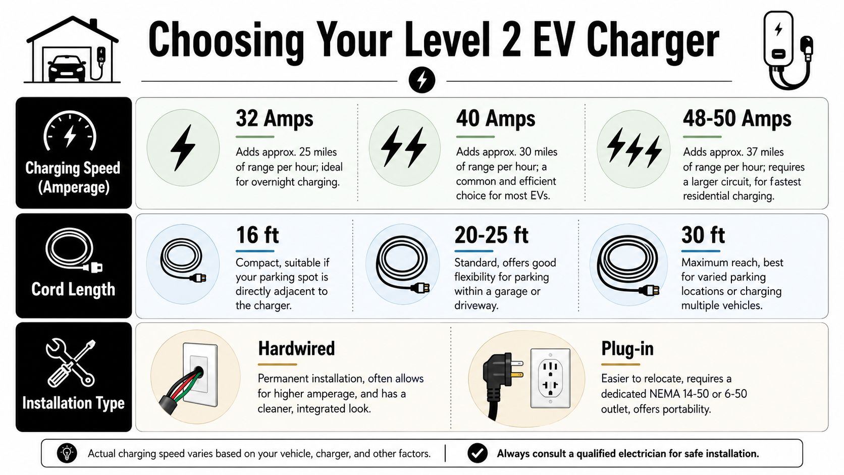 A helpful infographic guide outlining the key considerations for choosing a Level 2 home EV charger.