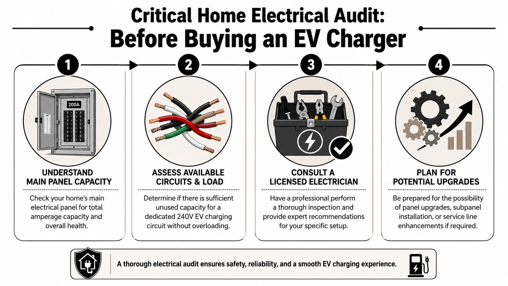 A step-by-step infographic titled Critical Home Electrical Audit for homeowners planning to install an EV charger.