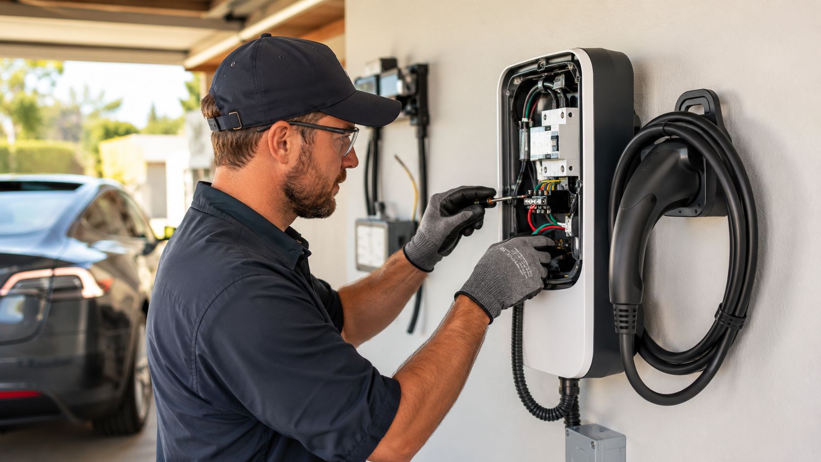 A professional electrician in safety gear installing a wall-mounted EV charging station in a home garage.
