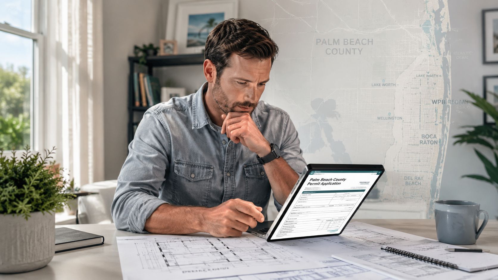A professional man reviewing a Palm Beach County permit application on his tablet at a desk.