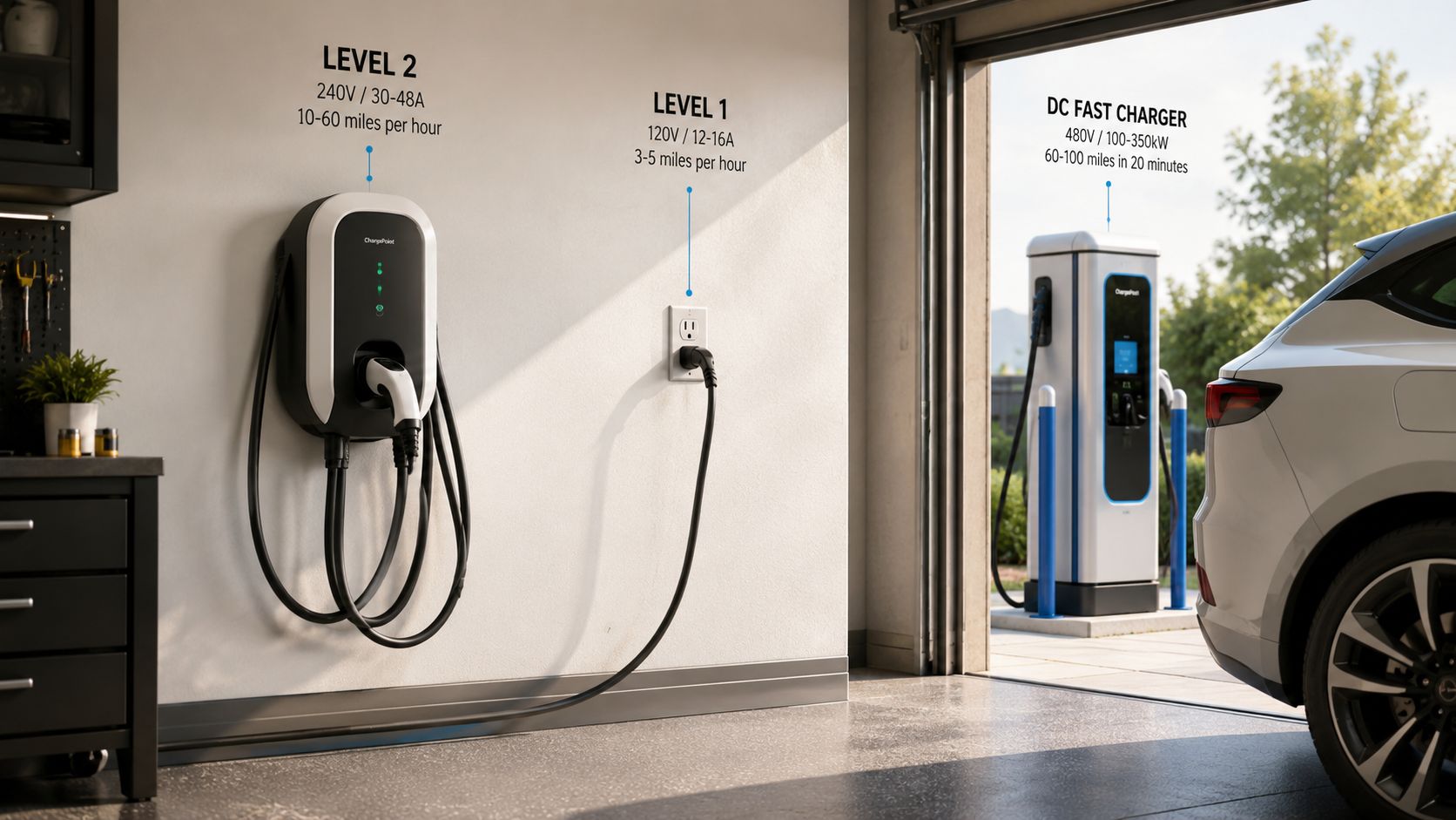 A garage interior showing Level 1, Level 2, and DC fast charging stations for electric vehicles.