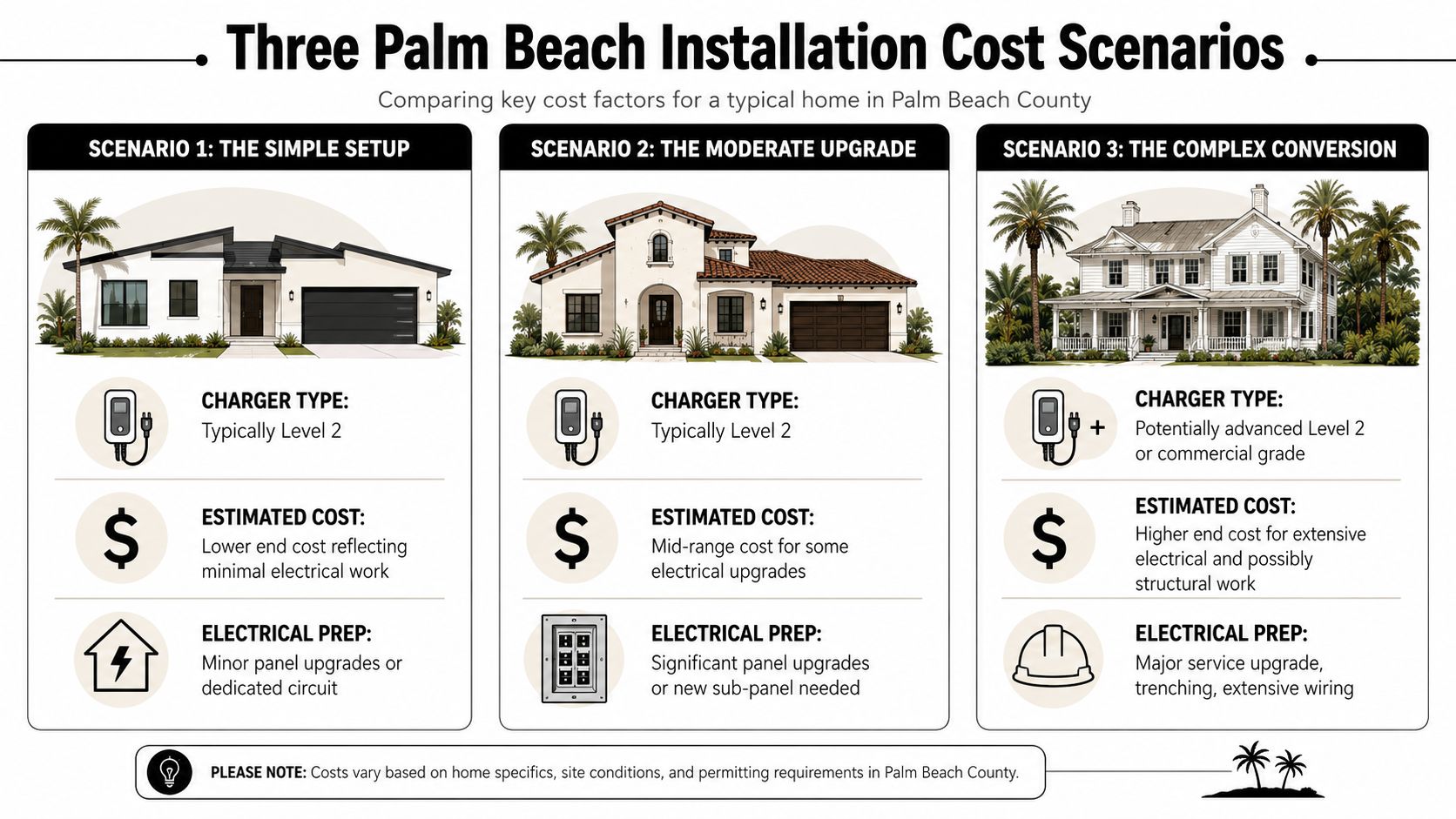 An infographic showing three different cost scenarios for installing residential EV charging stations in Palm Beach County.