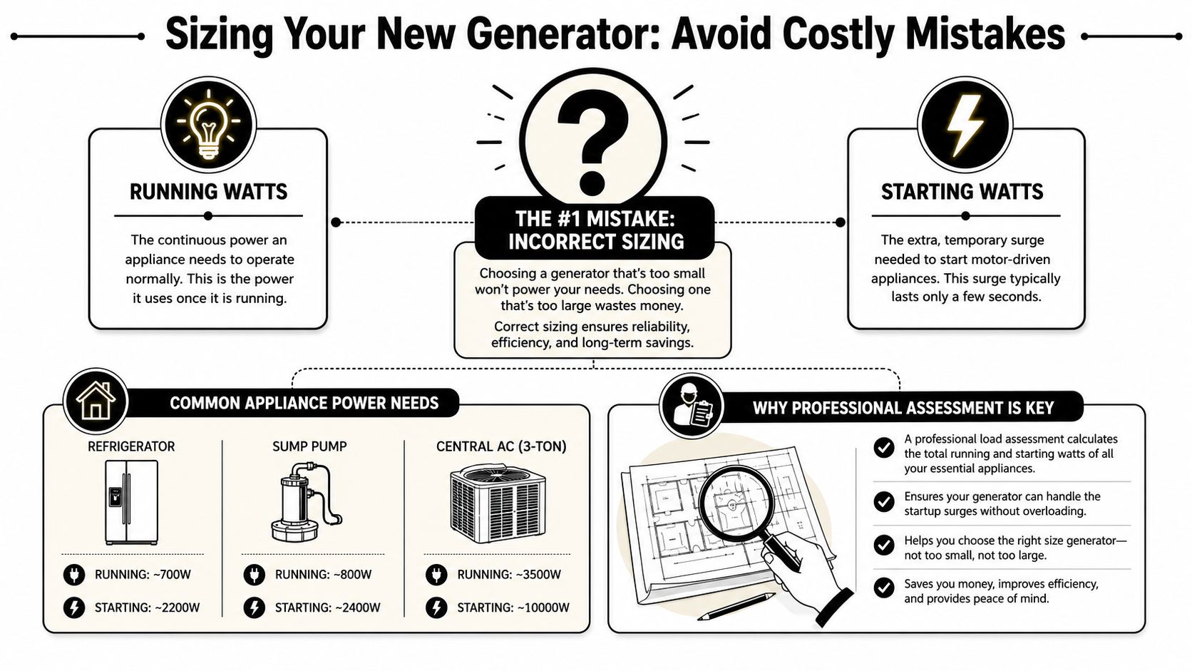 An infographic explaining how to correctly size a home backup generator by understanding running and starting wattage.