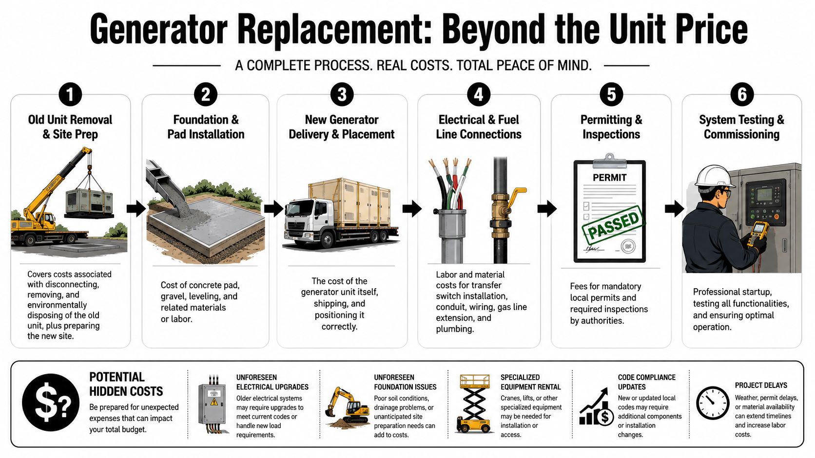 A flowchart detailing the six steps of a professional home backup generator replacement and potential hidden costs.