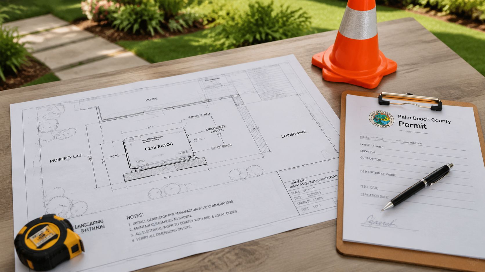 A professional construction site setup featuring a generator installation blueprint, a permit form, and measuring tape.