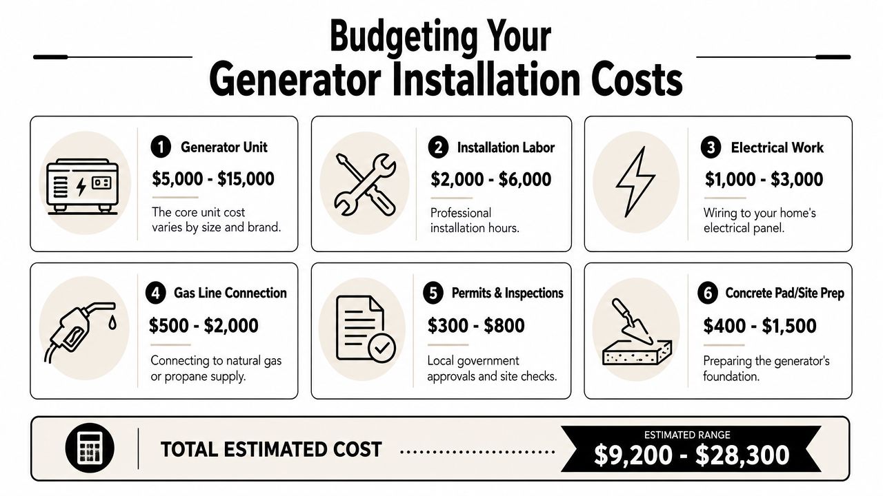 A budget breakdown infographic showing estimated costs for home generator installation by category.