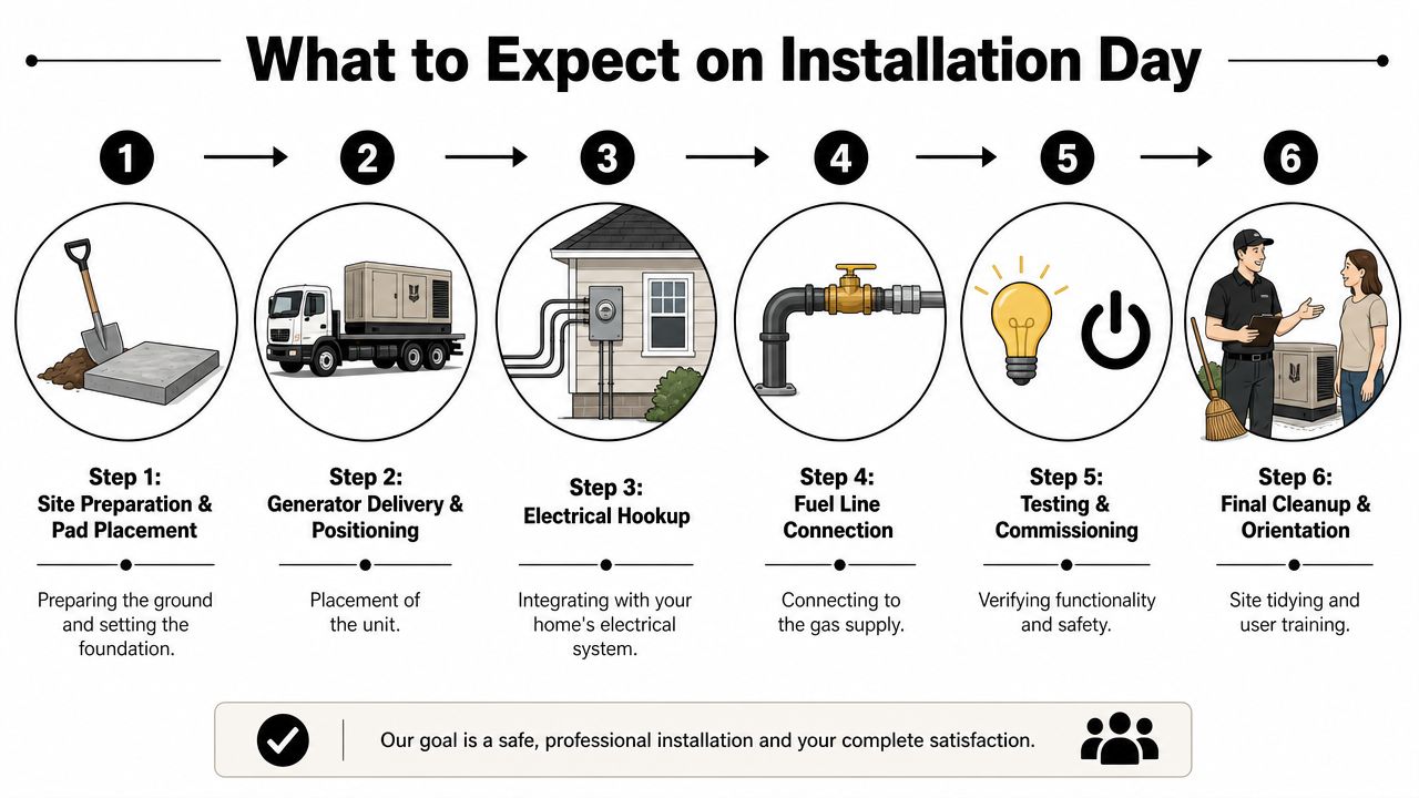 A six-step infographic illustrating the professional process of installing a residential backup generator at a home.
