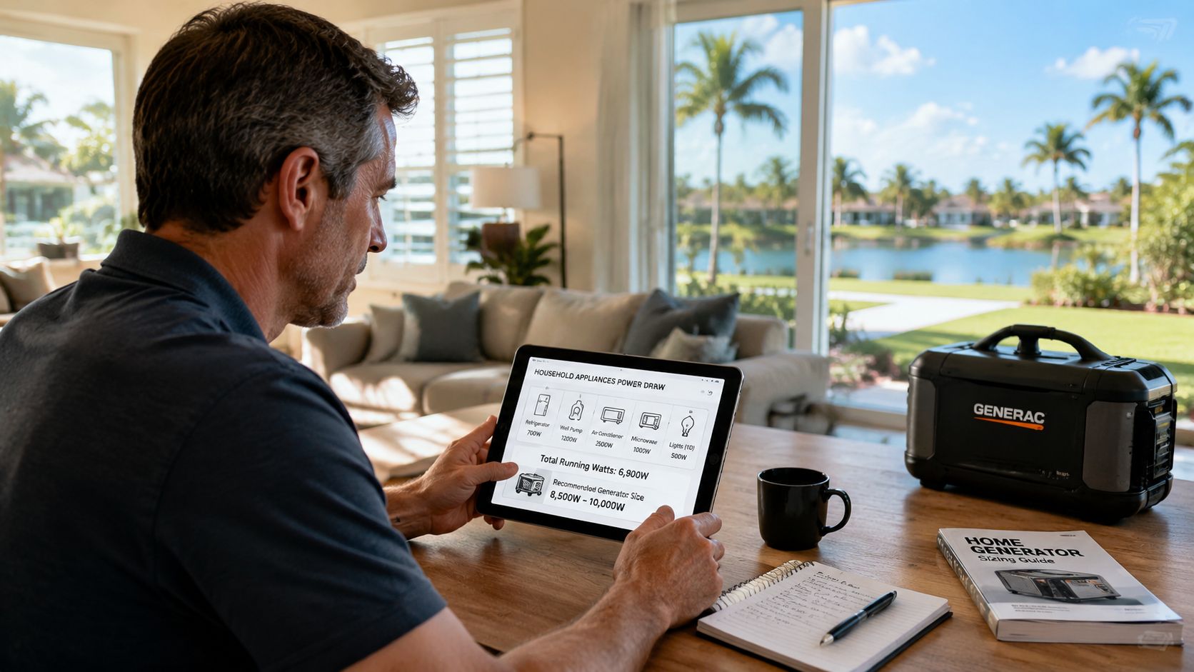 A man uses a tablet to calculate power needs with a Generac generator for home backup.